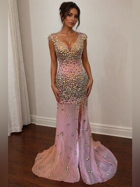 NEW PROM Light Pink Diamond Rhinestone Encrusted Mermaid Gown w/ Slit & Train